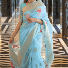 Sensational Sky Cotton Silk Saree With Gorgeous Blouse Piece