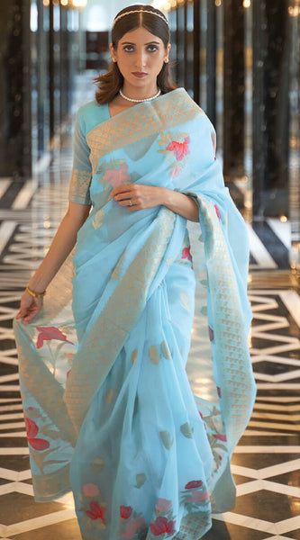 Sensational Sky Cotton Silk Saree With Gorgeous Blouse Piece