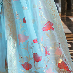 Sensational Sky Cotton Silk Saree With Gorgeous Blouse Piece