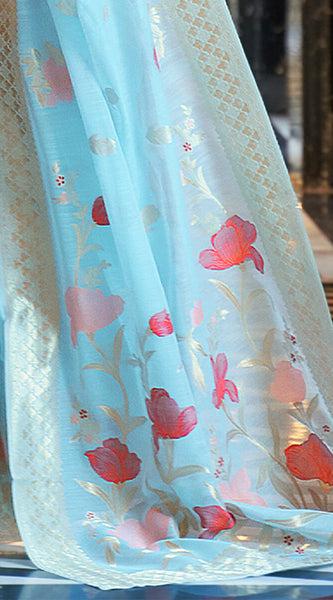 Sensational Sky Cotton Silk Saree With Gorgeous Blouse Piece