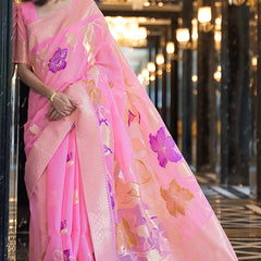 Staring Pink Cotton Silk Saree With Beautiful Blouse Piece