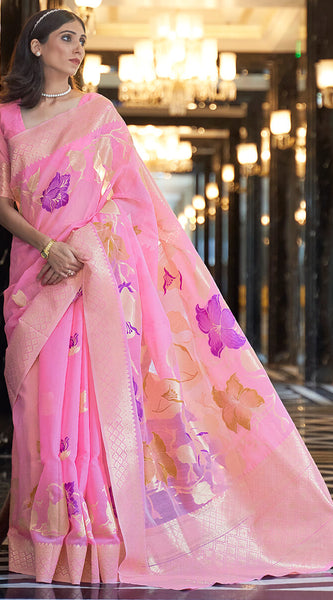 Staring Pink Cotton Silk Saree With Beautiful Blouse Piece