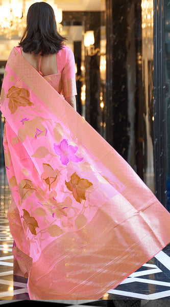Staring Pink Cotton Silk Saree With Beautiful Blouse Piece