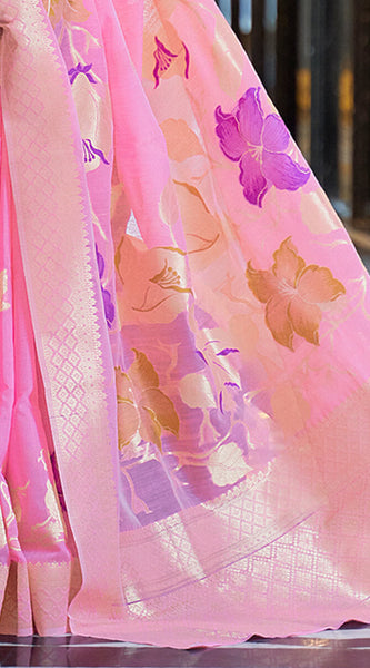 Staring Pink Cotton Silk Saree With Beautiful Blouse Piece