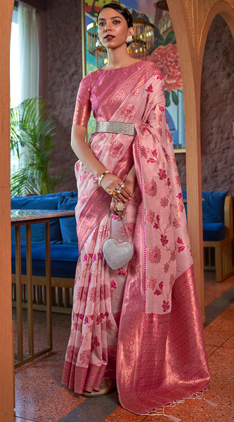 Ebullience Baby Pink Organza Silk Saree With Cynosure Blouse Piece