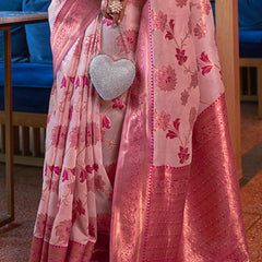 Ebullience Baby Pink Organza Silk Saree With Cynosure Blouse Piece