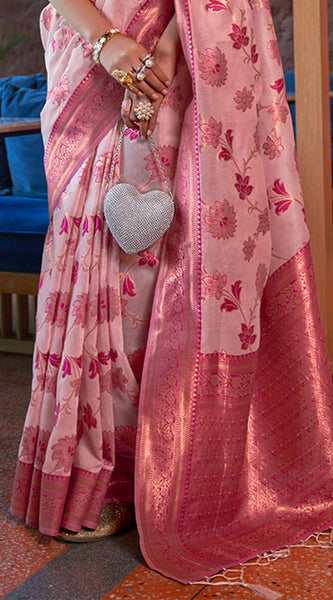 Ebullience Baby Pink Organza Silk Saree With Cynosure Blouse Piece