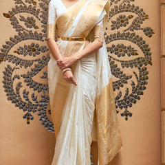 Dissemble White Kanjivaram Silk Saree With Embrocation Blouse Piece