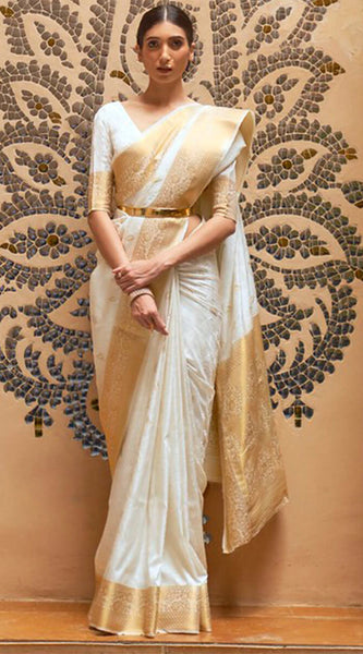 Dissemble White Kanjivaram Silk Saree With Embrocation Blouse Piece