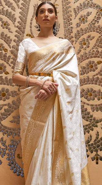Dissemble White Kanjivaram Silk Saree With Embrocation Blouse Piece