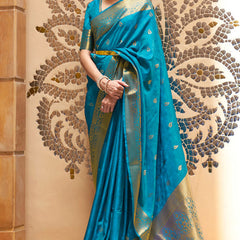 Exuberant Firozi Kanjivaram Silk Saree With Artistic Blouse Piece