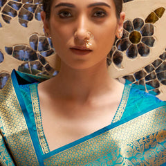 Exuberant Firozi Kanjivaram Silk Saree With Artistic Blouse Piece