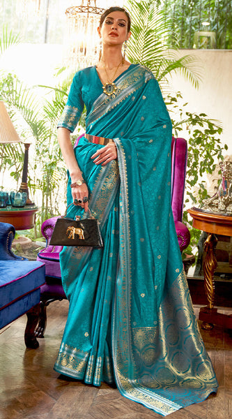 Engaging Firozi Kanjivaram Silk Saree With Woebegone Blouse Piece