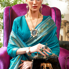Engaging Firozi Kanjivaram Silk Saree With Woebegone Blouse Piece