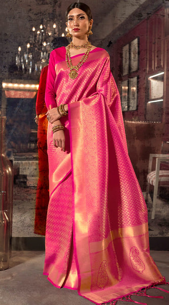 Flattering Pink Kanjivaram Silk Saree With Staring Blouse Piece