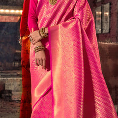 Flattering Pink Kanjivaram Silk Saree With Staring Blouse Piece