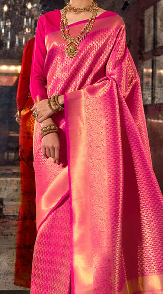 Flattering Pink Kanjivaram Silk Saree With Staring Blouse Piece