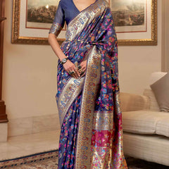 Exuberant Navy Blue Pashmina saree With Ratatouille Blouse Piece
