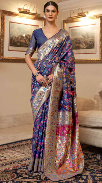 Exuberant Navy Blue Pashmina saree With Ratatouille Blouse Piece