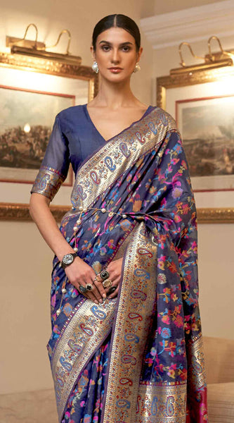Exuberant Navy Blue Pashmina saree With Ratatouille Blouse Piece