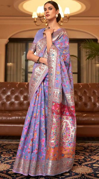 Exuberant Lavender Pashmina saree With Ratatouille Blouse Piece