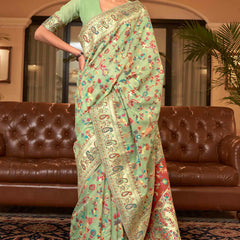 Exuberant Pista Pashmina saree With Ratatouille Blouse Piece