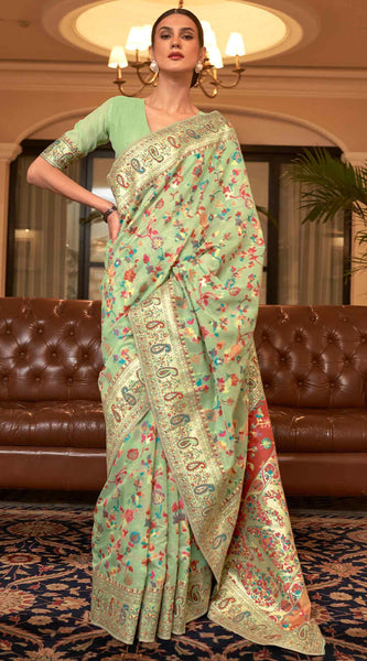 Exuberant Pista Pashmina saree With Ratatouille Blouse Piece