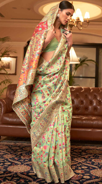 Exuberant Pista Pashmina saree With Ratatouille Blouse Piece