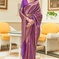 Lovely Purple Kanjivaram Silk Saree With Girlish Blouse Piece