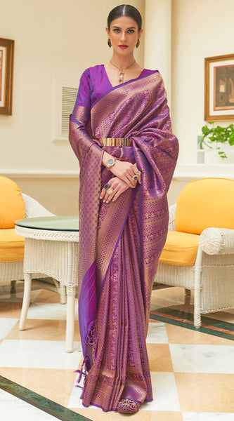 Lovely Purple Kanjivaram Silk Saree With Girlish Blouse Piece