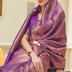 Lovely Purple Kanjivaram Silk Saree With Girlish Blouse Piece