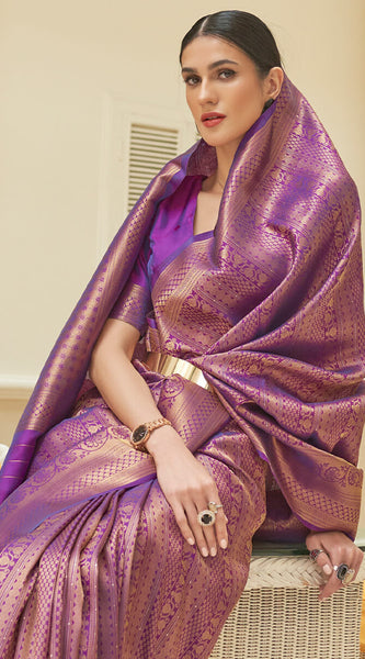 Lovely Purple Kanjivaram Silk Saree With Girlish Blouse Piece