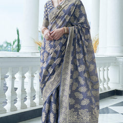 Most Flattering Blue Lucknowi Silk Saree With Entrancing Blouse Piece