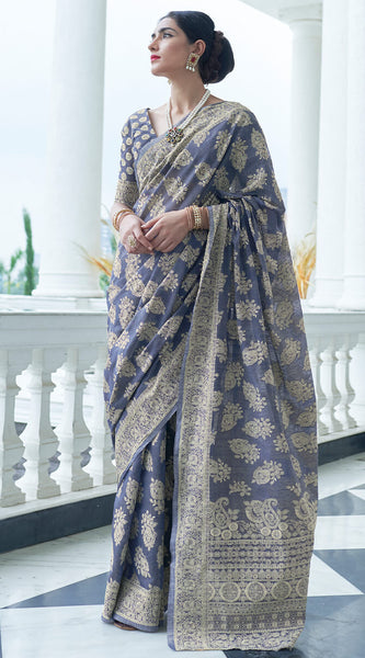 Most Flattering Blue Lucknowi Silk Saree With Entrancing Blouse Piece