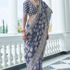 Most Flattering Blue Lucknowi Silk Saree With Entrancing Blouse Piece