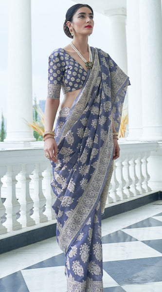 Most Flattering Blue Lucknowi Silk Saree With Entrancing Blouse Piece