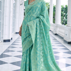 Twirling Turquoise Lucknowi Silk Saree and Inspiring Blouse Piece