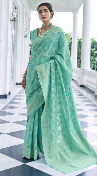 Twirling Turquoise Lucknowi Silk Saree and Inspiring Blouse Piece