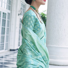 Twirling Turquoise Lucknowi Silk Saree and Inspiring Blouse Piece