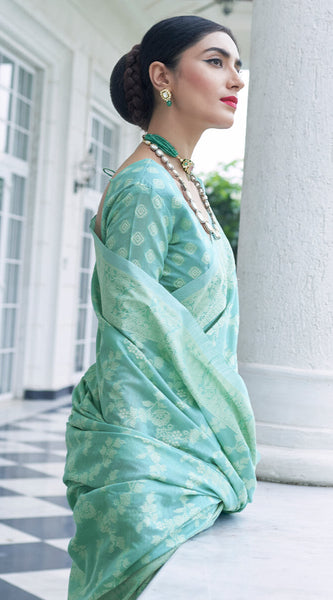 Twirling Turquoise Lucknowi Silk Saree and Inspiring Blouse Piece