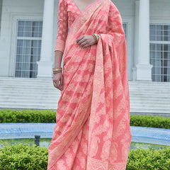 Fancifull Pink Lucknowi Silk Saree With Flameboyant Blouse Piece