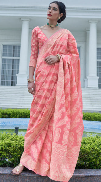 Fancifull Pink Lucknowi Silk Saree With Flameboyant Blouse Piece