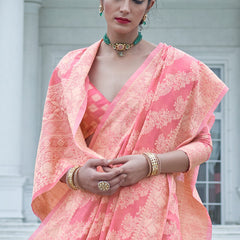 Fancifull Pink Lucknowi Silk Saree With Flameboyant Blouse Piece