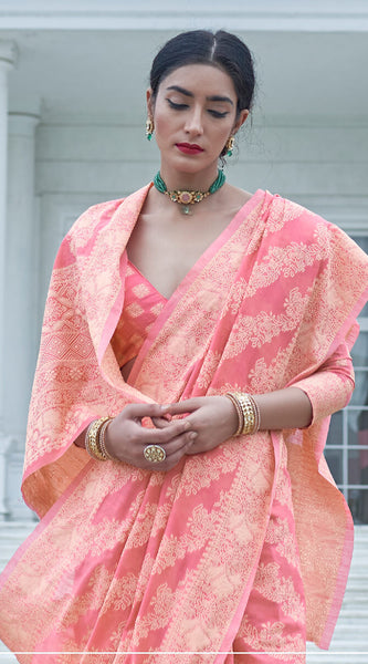 Fancifull Pink Lucknowi Silk Saree With Flameboyant Blouse Piece