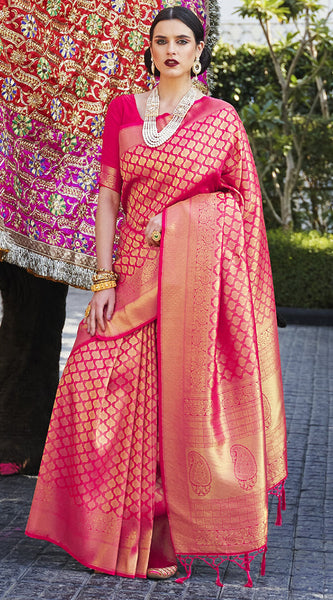 Ideal Dark Pink Kanjivaram Silk Saree With Ebullience Blouse Piece