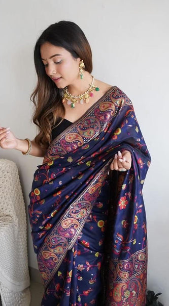 Festive Wear Banarasi Saree in Pure Soft Silk Dark BlueWhit