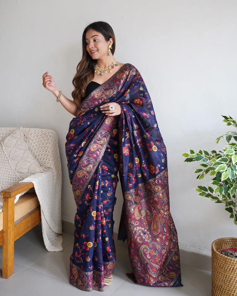 Festive Wear Banarasi Saree in Pure Soft Silk Dark BlueWhit