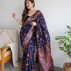 Festive Wear Banarasi Saree in Pure Soft Silk Dark BlueWhit