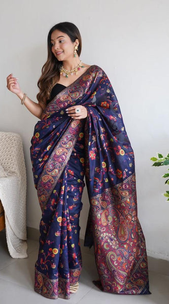 Festive Wear Banarasi Saree in Pure Soft Silk Dark BlueWhit