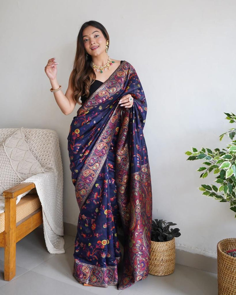 Festive Wear Banarasi Saree in Pure Soft Silk Dark BlueWhit